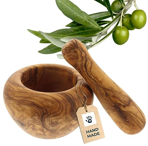 HOFMEISTER® Mörser aus Olivenholz - Hochwertige Küchenutensilien & Geschenkidee - Stilvoller Mörser mit Stößel für Kräuter und Gewürze, Durchmesser 11 cm