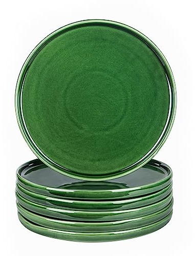 vicrays Ceramic Dinner Plates Set, 10.5 Inch, Set of 6, Round, Microwave, Oven, Dishwasher Safe, Scratch Resistant, Porcelain Fluted Suitable for Steak, Pasta, Pizza, Home, Party, Restaurant, Green