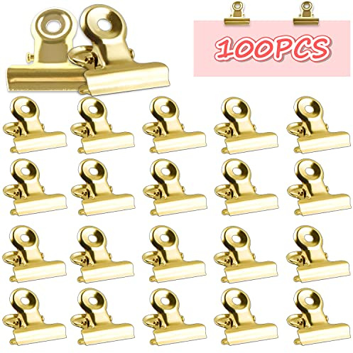 Kleine Bulldogge Büroklammern, Mini Metall klammern, 100 Stück Briefklemmer Metall, 22mm Scharnier Papier Clips, Multi-function Binder Clips Klammern, für Fotos, Office and Kitchen (Gold)