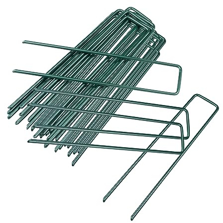 Pinzas de jardín galvanizadas en forma de U, fuertes clavos de jardín perfectos para membrana de control de malezas, césped artificial, red, tela (100, verde)
