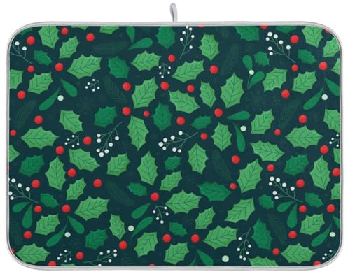 Alfombrillas de secado verdes de hojas de acebo de Navidad para platos, alfombrillas de secado de platos de microfibra para encimera de cocina, tapetes de secado para encimera, tapete resistente al