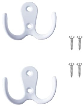 Lansonee 2 Pcs Double Prong Robe Hooks, Dual Coat Hooks Wall Mounted Hanging Clothes for Bathroom Bedroom Door Wall Retro Metal Cloth Hanger Double Coat Hooks with 4 Screws (White)
