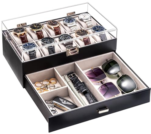 ProCase Uhrenbox mit 10 Fächern，Uhrenkasten mit Schublade, Men’s Watch Box, Uhrenaufbewahrung Uhrenkoffer Uhrenschatulle für Herren, Uhr Aufbewahrungsbox - 10 Fächer, Schwarz