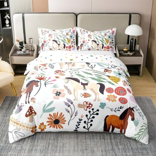 Pferd 100% Baumwolle Bettbezug für Mann Frau,Cowboy Cowgirl Tröster Bezug,Weiße Braune Pferde Bettwäsche Set,Bunte Blume Pilz Bettwäsche Abdeckung 135x200 Atmungsaktiv