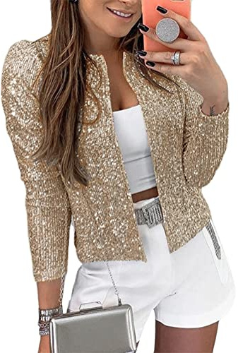 Minetom Paillettes Blazer Donna Giacca con Paillettes Casual Manica Lunga Glitter Party Lucido Risvolto Cappotto Rave Capispalla Cappotti A Oro M
