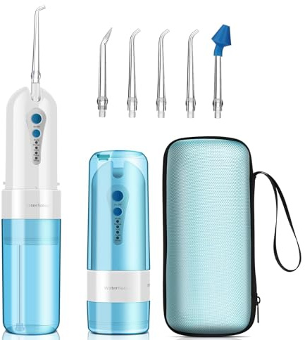 Kutery Idropulsore Dentale Portatile Blu Senza Fili, Irrigatore Orale Ricaricabile con Custodia da Viaggio, 4 Modalità & 5 Beccucci, Spruzzino Elettrico per Denti IPX7 Impermeabile per Casa e Viaggio