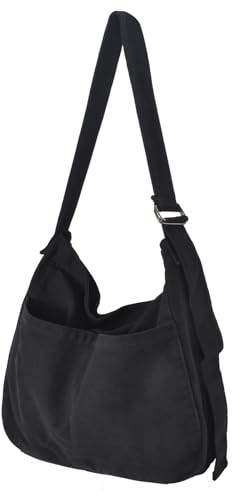 SAVOSWEET Shopper Tasche Stoff, Schultertasche Canvas, Umhängetasche Unisex Groß mit Reißverschluss Schwarz, Einkaufstasche Faltbar, Leinwand Handtasche für Büro Schule Reisen Einkaufen
