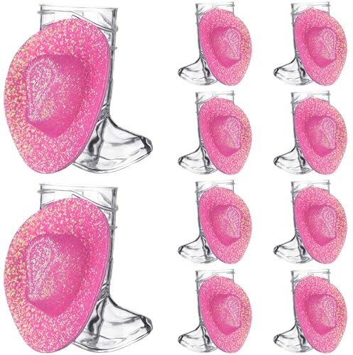 Haishell 20 Pcs Cowgirl Boot Shot Glasses 1 Oz Cowboy Mini Plastic Shot Cups Glitter Color Western Hat Reusable Beer Mugs for Cowboy Bachelorette Themed Party Wedding Supplies (Neon Glitter Pink)