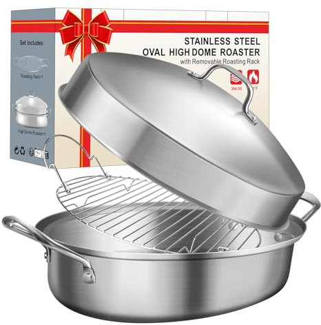 GRILL BUMP Roasting Pan, 21x13x11 Inch, Silver, Rectangular, Stainless Steel, 25LB Capacity, Turkey & Chicken Roaster with Rack and Lid