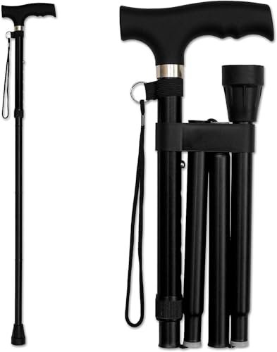 Folding Walking Stick for Men & Women – Adjustable Height, Lightweight Aluminium Cane with Anti-Slip Rubber Tip, Portable Travel Walking Cane for Seniors & Adults – Black