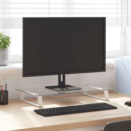 Xichuzi Monitorständer Weiß 60x35x8 cm Hartglas und Metall, Monitor Erhöhung, Schreibtischaufsatz, Monitor Erhöhung Schreibtisch, Bildschirm Erhöhung, Schreibtisch Regalaufsatz - 374220