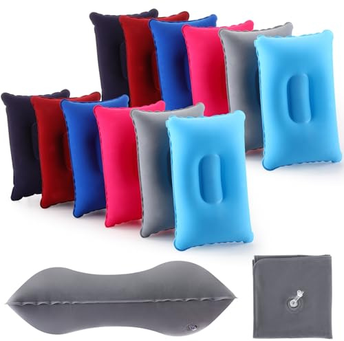 Geelin 12 Pack Inflatable Travel Pillow Squared Flocked Fabric Air Pillow Ultralight, Compact and Comfortable for Traveling, Camping, Hiking, Napping, Desk Rest, Neck Lumbar Support(13.39 × 8.66)
