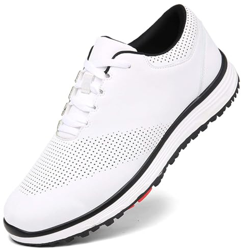 Hiuzylqx Golfskor Herr Spikeless läder Golfträningssneakers Lättviktsvattentäta utomhusskor som andas,White,42 EU