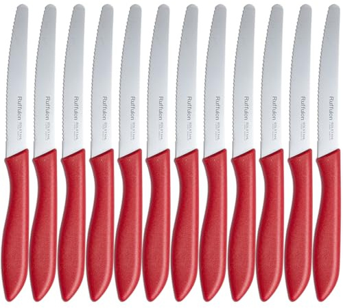 Brotmesser Wellenschliff,12 teilig,Ruffulon Brötchenmesser Set,23 cm Frühstücksmesser,Brot Messer aus Edelstahl,Scharfe Messer Set,Kunststoffgriff Brotzeitmesser,Rot Messerset