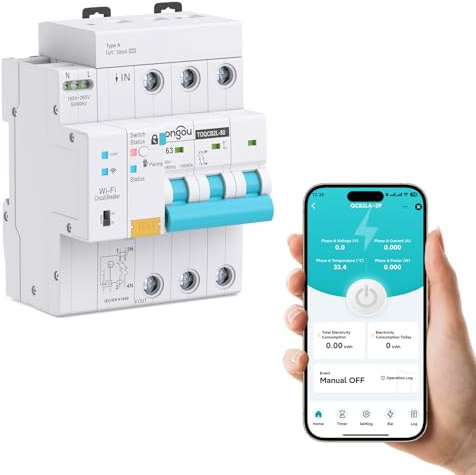 TONGOU Disjoncteur WiFi FI RCBO 3P 63 A 30 mA Disjoncteur FI Type A pour la maison et les prises de courant Icu10ka Montage DIN Télécommande intelligente