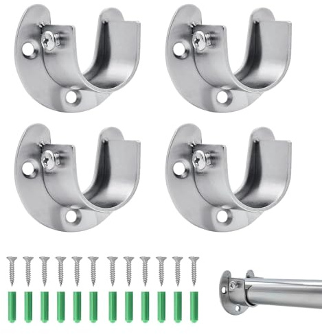 4Pcs Wardrobe Rail Bracket, Flange Rod Holder, Stainless Steel U-Shaped Brackets, Wardrobe Rails and Fittings for Curtain Rail Brackets, Wardrobe Rail Support, 25mm