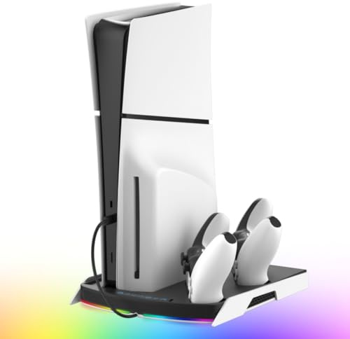 NITHO PS5 Ständer mit Kühllüfter & Duo-Controller-Ladestation, Vertikal Standfuß Kompatibel mit PS5/Pro/Slim, inkl. USB-Hub und RGB Licht - PS5 Multifunktionale Kühlung Ständer