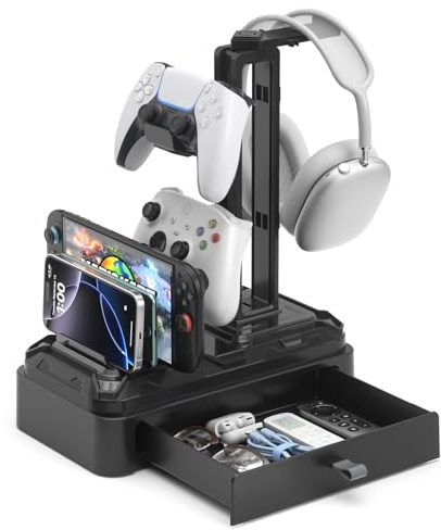 KDD Headphone Stand with Drawer - Rotatable Headset Holder Detachable Controller Holder for Desk - Multifunctional Organizer with Device Slot for Phones, Tablets - Universal Gaming Accessories
