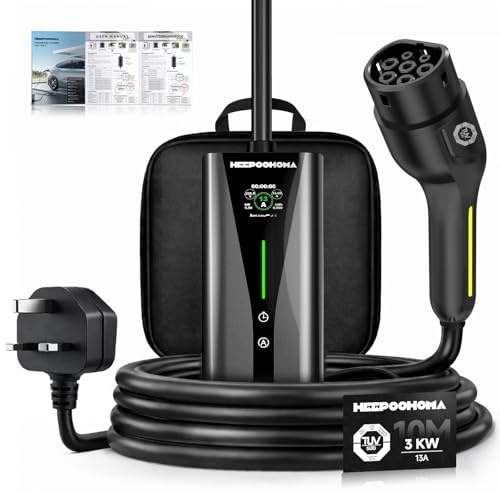 Heepoohoma EV Charger 10M, 3 kW 6-13A 3 Pin EV Charger, Portable Electric Car Charger Cable Type 2 to 3 Pin Plug for up to 12H Delayed Start Charging with 2.4″ Screen, IP67 for EVs & PHEV
