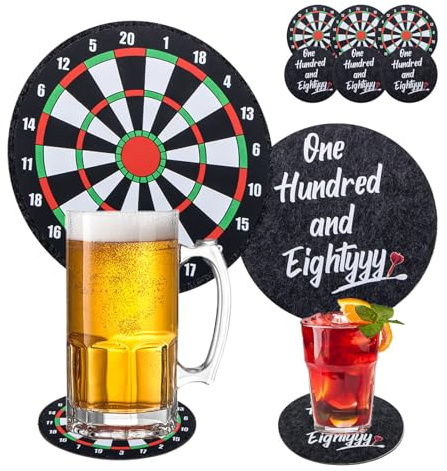 6 Stück Filzuntersetzer Rund, Lustige Darts Geschenke für Männer, Dartfans, Dart Zubehör, Accessoires, Filz Untersetzer für Gläser mit Spruch und Dartscheibe, Glasuntersetzer und Bierdeckel Pappe