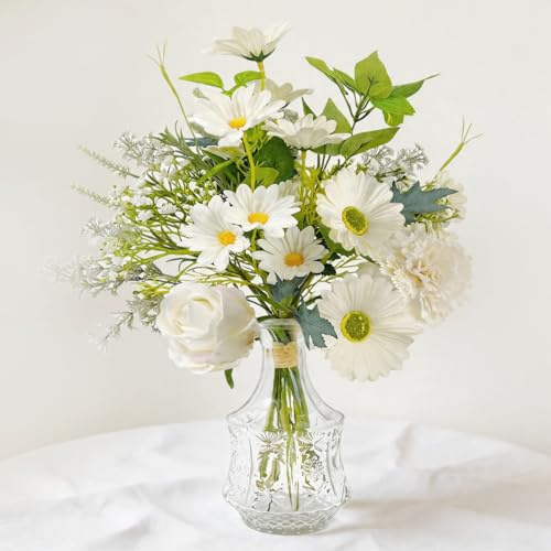 Daily Treasures 44cm Artificial Flower Bouquet with Glass Vase, White Faux Floral Arrangement, PU Dailsy, Realistic Gerbera, Silk Rose with Leaves, for Home Table Centerpiece Decor Wedding Office Gift