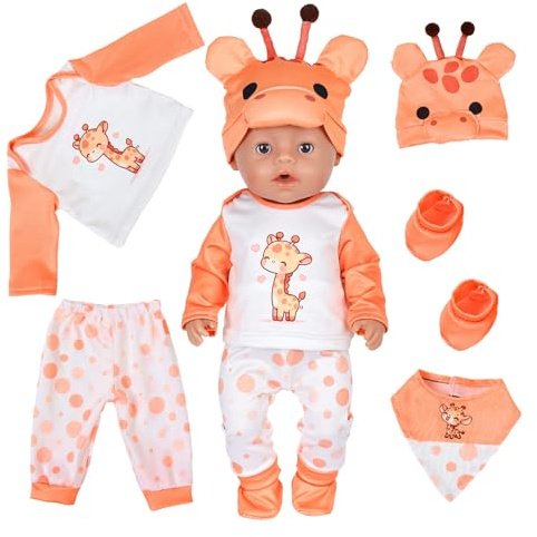 5 Pcs Baby Doll Clothes for 12-18 Inch Newborn Baby Doll, Orange Giraffe Dolls Clothes with Top, Trousers, Hat, Bib and Socks for 35-45cm Dolls, Sweet Doll Clothes for Kids Birthday
