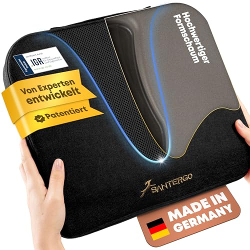 SANTERGO Ergonomic Seat Cushion Made of Moulded Foam [Patented & Dimensionally Stable] Chair Cushion Wedge Cushion Chair Office Chair Wheelchair Car Seat Cushion Orthopaedic Back Cushion Seat Pad