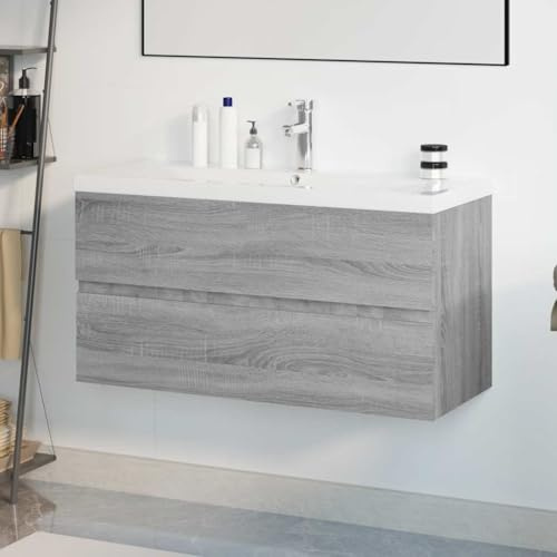 NiuBIKeLasI Washbasin Cabinet with Built-in Sink, Grey Sonoma Wood Material, 90 x 38.5 x 45 cm, Bathroom Cabinet, Moisture-Resistant, for Bathroom, Lots of Storage Space