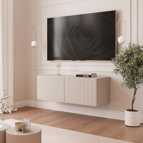 IDOHOME TV Lowboard hängend mit LED und 2 Fächern 100 cm Kaschmir | 100 x 40 x 36 cm, Laminierte Platte, Mehr Stauraum, Push to Open, TV Zubehör, LED Beleuchtung