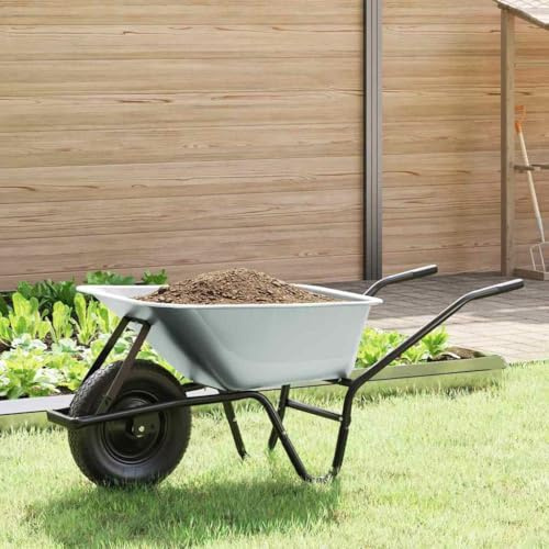 Ziaphsol skottkärra av stål, silver, svart, 141 x 60 x 57 cm, transportkärra med uppblåsbart hjul, för jord, kompost, löv, hög upp till 110 kg