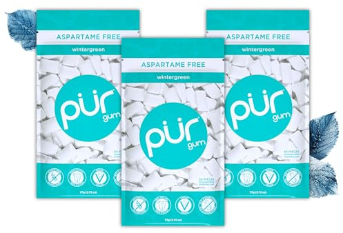 PUR Gum Chicle Sin Azúcar, Con Xilitol, Vegano, Sin Aspartamo y Sin Gluten, Chicle Natural Sabor a Wintergreen, 55 Piezas (Paquete de 3)