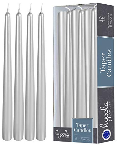 Hyoola Stabkerzen - 25 cm Metallisch Silber, Tropffreie Tafelkerzen - Kerzen Lange Brenndauer 8 Stunden - 12er Pack