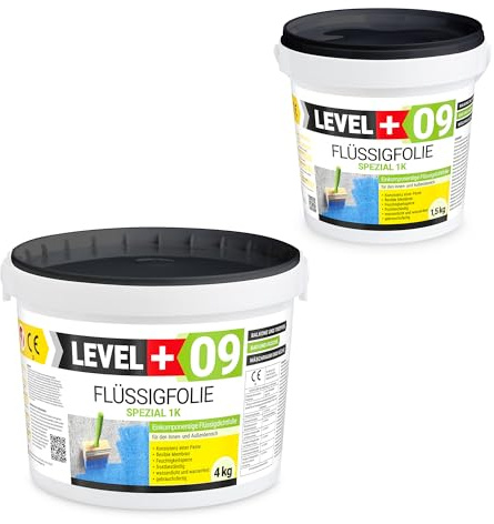 Level + 09 Flüssigfolie Spezial für Balkon, Terrasse, Bad & Dusche | Dichtfolie unter Fliesen auf Beton, Putz & Estrich – Flüssigabdichtung, Wasserdicht, Frostbeständig & Gebrauchsfertig –5,5 kg