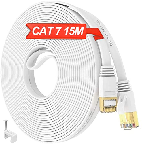 ikbc 15 Meter LAN Kabel Cat 7 15m Netzwerkkabel Hochgeschwindigkeits S/FTP | Schirmung Patchkabel RJ45 Flach 15m LAN Kabel 10000Mbit/s Gigabit Weiß Internet Kabel für Router Modem Switch PC (15 Clips)