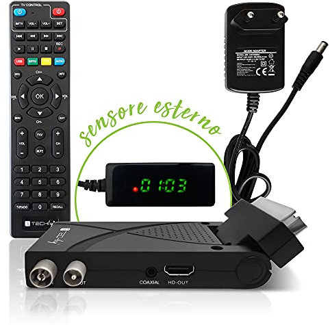 Techly 360981 Decoder Ricevitore Digitale Terrestre DVB-T/T2 H.265 HEVC 10bit USB HDMI Scart 180° e Telecomando Universale 2 in 1 Nero