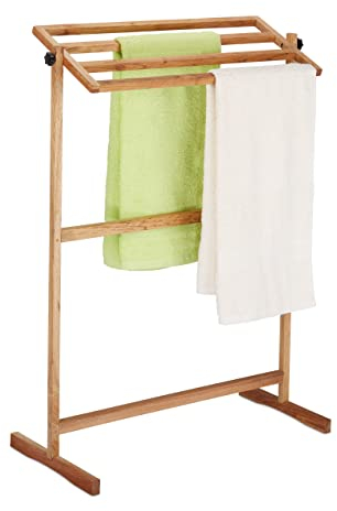 Relaxdays Porte-Serviettes sur Pied, sèche-Serviettes avec 4 Barres, HLP: 98x66x31 cm, Support Serviettes, Noyer, Nature
