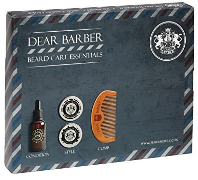 Dear Barber BEARD CARE ESSENTIALS Gift Set for Men – Includes Beard Oil 30ml, Beard Balm 30ml, Moustache Wax 25ml & Pear Wood Beard Comb - Beard Grooming Kit