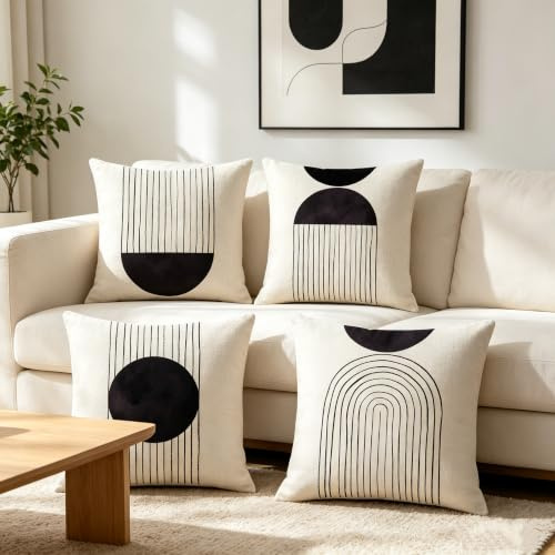 IcosaMro Boho-Kissenbezüge, 45,7 x 45,7 cm, 4 Stück, Mitte des Jahrhunderts, Moderne Bogen-Sonnendekoration, Baumwollleinen, dekorativer Boho-Kissenbezug mit Reißverschluss, Schwarz und Weiß