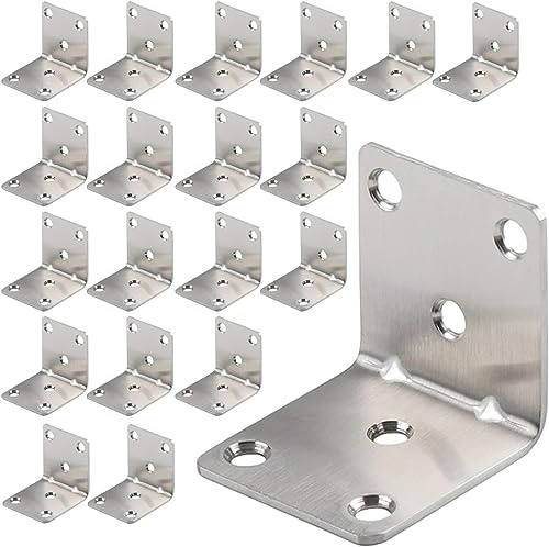 Corner Bracket, 20 Pack Heavy Duty Iron Angle Brace, 50 x 50mm L-Shaped Brackets, Bracket Fastener, Metal Steel Brackets for Wood, Fixing Furniture Fastener Hardware, Silver