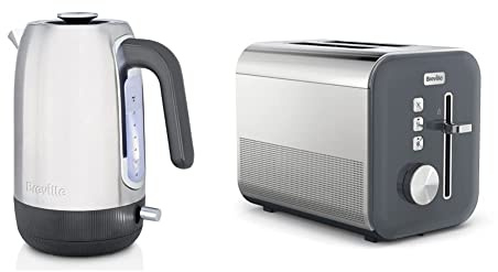 Breville Edge Electric Kettle | 1.7 Litre | Still Hot Illumination | 3kW Fast Boil [VKT192] & High Gloss 2-Slice Toaster with High-Lift & Wide Slots | Grey & Stainless Steel [VTT968]