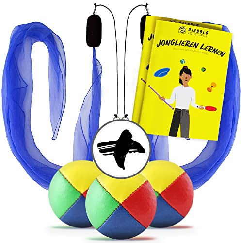 Diabolo Freizeitsport Jonglierset für Anfänger & Kinder - 2 Leucht Pois (blau), 3 Profi Jonglierbälle, Anleitung - perfekt zum Start in die Jonglage