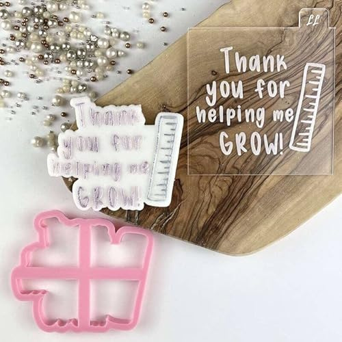 LissieLou Thank You for Helping Me Grow Teacher Cookie Cutter and Embosser Icing Stamp Fondant Embosser Teacher Theme - Light Pink/Clear