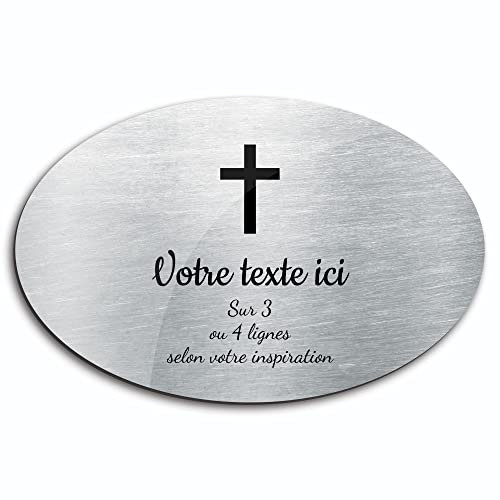 Placa grabada funeraria patrón cruz cristiana autoadhesiva, modelo ovalado (20x13 cm) personalizado 1-3 líneas Alu cepillado