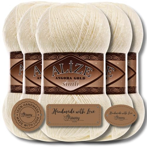 Hobby YARN 3x Etikettenlabel mit Alize Angora Gold Simli Glitzer Wolle Premium 5x100g als Set, Yarn, Garn, Schurwolle, Uni, Strickgarn zum Häkeln, Stricken, Kleidung (Candle Light - 67)