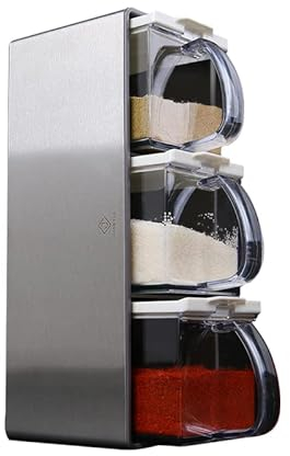 Portaspezie Ermetico con Cucchiaio - Set Barattoli Spezie Trasparenti, Organizzatore Spezie Impilabile Grande per Cassetto, Contenitore Moderno per Cucina (L)