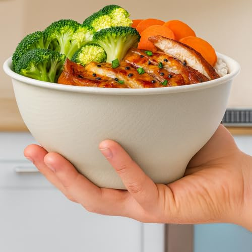 Best House Bagasse Bowls, 6oz White Rigid Biodegradable Compostable Sugarcane Paper Bowls Hot & Cold Uses for Soup, Salad, Dessert, Milk, Cereals Restaurants BBQ Party (Pack of 50)
