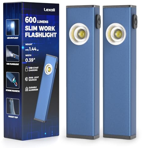 lexall Luz de trabajo recargable, linterna LED portátil de 600 lúmenes, luz magnética COB plana con clip de bolsillo, 3 modos, luz de inspección de bolígrafo de bolsillo para reparación, camping,