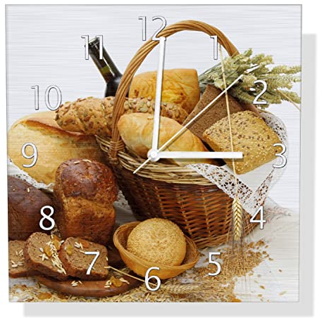 Wallario Design Wanduhr Brot und Brötchen im eleganten Korb - mit Wein und Getreide aus Aluverbund, Alu-Uhr Größe 30 x 30 cm, weiße Zeiger mit Metalloptik