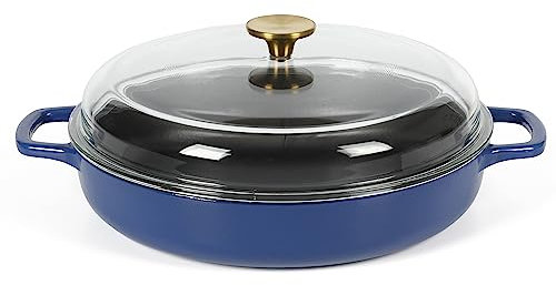Sur La Table Kitchen Essentials 3.75 Quart Enamel Cast Iron All In One Multi-Purpose Non-Toxic Nonstick Braiser Pan W/Borosilicate Glass Lid - Blue
