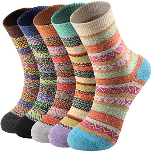 BooQool Wool Socks - 5 Pairs Socks Women, Breathable Thermal Wool Socks for Women, Thick Women Wool Socks for Home Office School Hiking, Ideal Christmas Gifts, Colourful